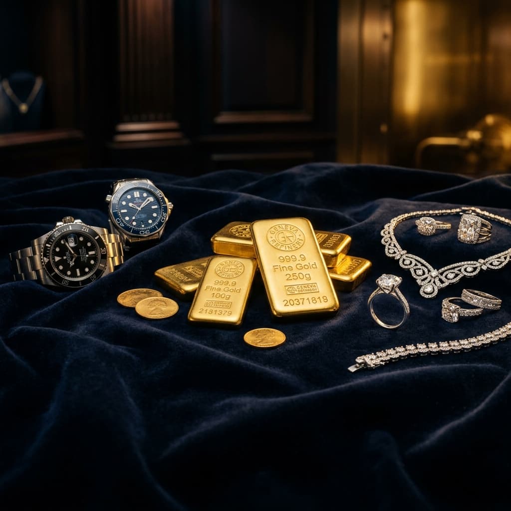 Gold bars, luxury watches, and fine jewelry on dark velvet